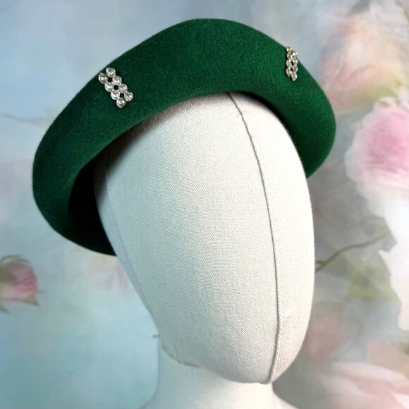 Vintage 60s Merrimac Hat Corp Excello Green Wool Crystal Rhinestone Detail Hat - Picture 1 of 6